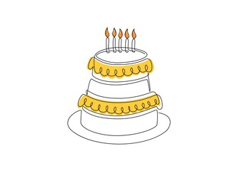 One line birthday cake with candles. Continuous line dessert, monoline sweet food concept. Modern vector illustration