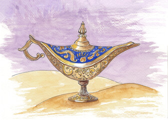 watercolor handmade drawing of magic lamp