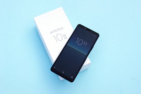 Box with new smartphone SONY Xperia 10 II Blue Berry.