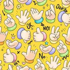 Cartoon hands gestures on a yellow background. Seamless pattern for kids design 
