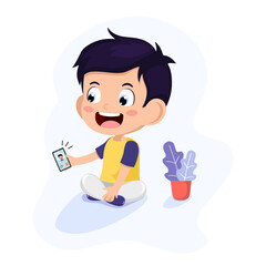 Cute little kid holding phone using for call with friend. Children happy smile using cell phone for talking ฺ  Incoming call on screen smartphone. Vector illustration for call telephone.