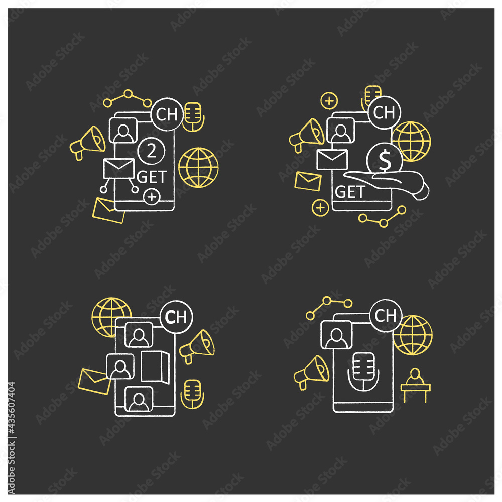 Poster drop in audio app chalk icons set. communication application with friends.application invite buy, sh