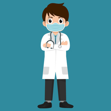 Cute doctor character vector on blue background 