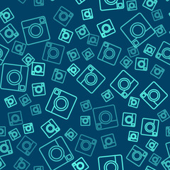 Green line Photo camera icon isolated seamless pattern on blue background. Foto camera. Digital photography. Vector