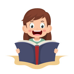 Cute little girl reading book for learning. clever kid. children happy smile when reading textbook. character cartoon child vector illustration for education and study.
