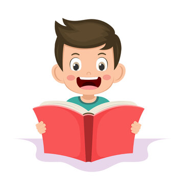 Cute little boy reading book for learning. clever kid. children happy smile when reading textbook. character cartoon child vector illustration for education and study.