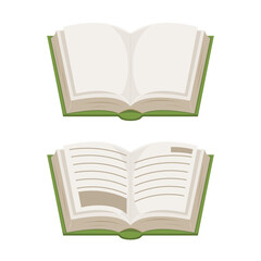 Top view Open book template. Study and education concept. Green notebook and Blank paper. Icon flat design. Vector illustration
