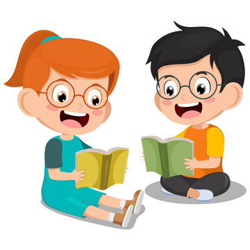 Cute little boy and girl sitting reading book on floor for learning. clever kid. childhood happy smile when reading textbook. character cartoon child  vector illustration for education and study.