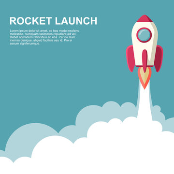 Rocket launch. Business growth concept. Start up template for marketing or banner website. Cloud and sky background. Space ship or planets flying. vector illustration.
