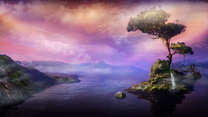 Mountain landscape with a tree on a lake island, 3D render.