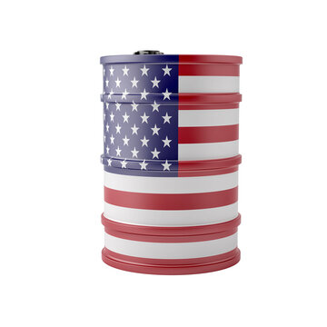 Oil drum in USA national flag design. Isolated on white. 3D Rendering