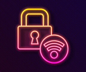 Glowing neon line Digital door lock with wireless technology for unlock icon isolated on black background. Door handle sign. Security smart home. Vector