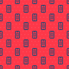Blue line Smartphone battery charge icon isolated seamless pattern on red background. Phone with a low battery charge. Vector