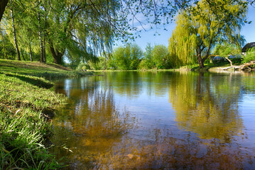 View from the bank of a river of a fresh green spring landscape