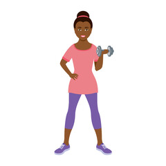 Happy fitness african american woman with dumbbell vector. Sporty african american woman icon isolated on a white background. Black woman exercising with dumbbell vector