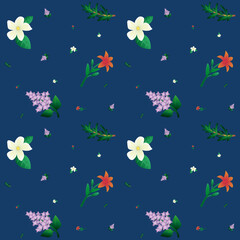 Simple seamless pattern with beautiful flowers. Orange-red lily, white jasmine, purple lilac and green rosemary