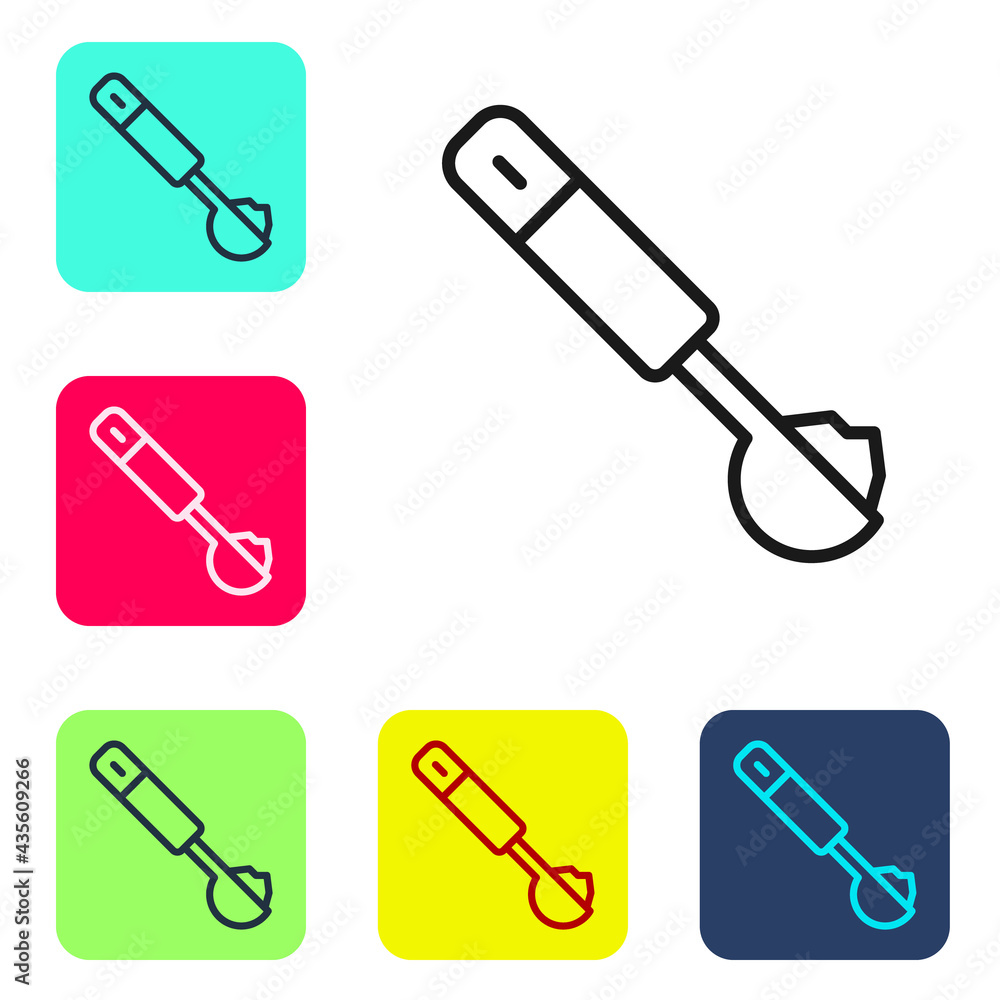 Poster black line measuring spoon icon isolated on white background. set icons in color square buttons. vec