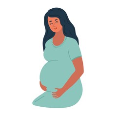 Happy beautiful young pregnant woman holds her belly with long hair.