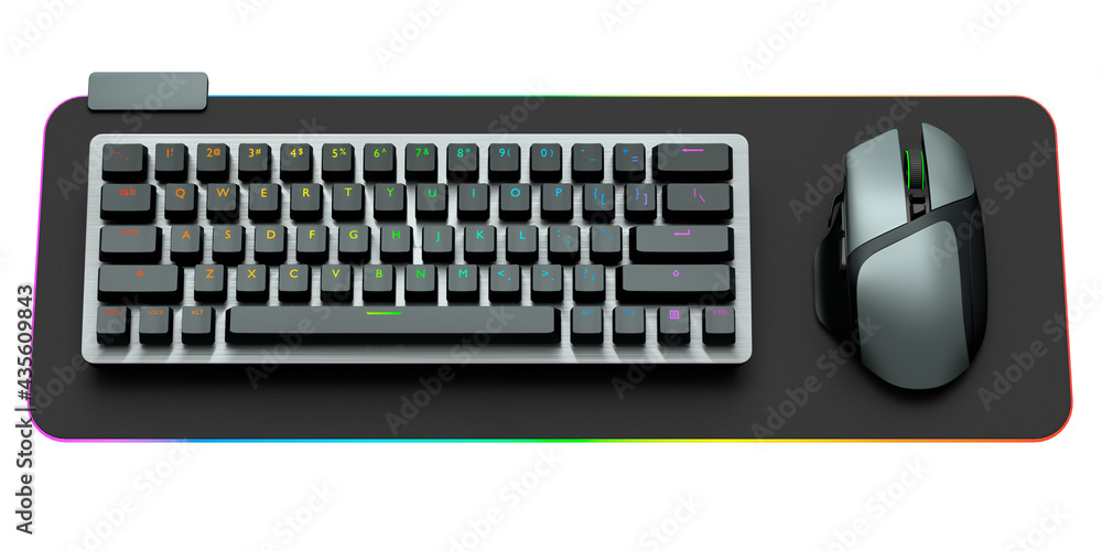 Poster computer keyboard and mouse on professional pad isolated on white background.
