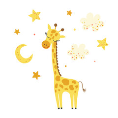 Cartoon giraffe with clouds, stars, moon. Vector illustration.