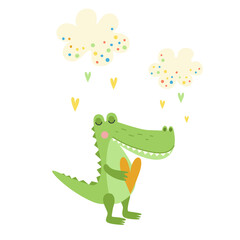 Illustration of a cute cartoon crocodile holding a heart.