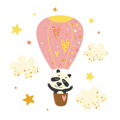 A cute panda is flying in a hot air balloon. Cartoon illustration.