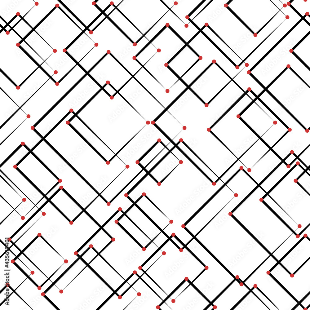 Poster abstract seamless background with black rhombuses and red dots.textile pattern or tech backdrop.