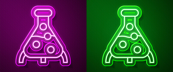 Glowing neon line Test tube and flask chemical laboratory test icon isolated on purple and green background. Laboratory glassware sign. Vector