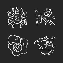 Infection spread source chalk white icons set on black background. Dangerous threat for human lives. Micro organisms risk. Insect toxin. Dangerous diseases. Isolated vector chalkboard illustrations