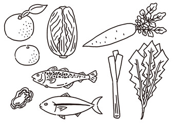 冬の食材　旬の野菜と魚のセット　線のみ