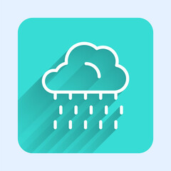 White line Cloud with rain icon isolated with long shadow. Rain cloud precipitation with rain drops. Green square button. Vector