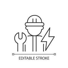 Electrician linear icon. Electrical wiring system installation and maintenance. Thin line customizable illustration. Contour symbol. Vector isolated outline drawing. Editable stroke