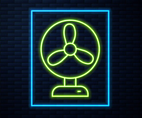 Glowing neon line Electric fan icon isolated on brick wall background. Vector