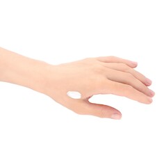 Hand with skin cream isolated on white background. Health and body care theme