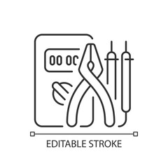 Electrician tools linear icon. Test instruments. Ensuring optimal safety. Screwdrivers, pliers. Thin line customizable illustration. Contour symbol. Vector isolated outline drawing. Editable stroke