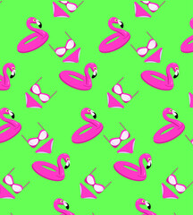 Vector summer stylish bright pattern on green background with pink flamingo and pink swimsuit