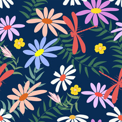 Vector illustration of a floral pattern. Wildflowers and dragonflies on a blue background.