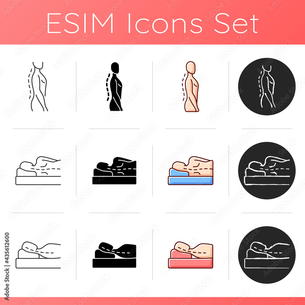 Poster poor posture problems icons set. improving upright position. incorrect sleeping pose. nerve compress
