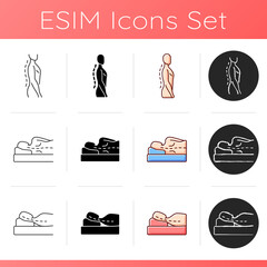 Poor posture problems icons set. Improving upright position. Incorrect sleeping pose. Nerve compression. Natural curvature. Linear, black and RGB color styles. Isolated vector illustrations © IMG visuals icons