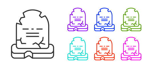 Black line Tombstone with RIP written on it icon isolated on white background. Grave icon. Happy Halloween party. Set icons colorful. Vector