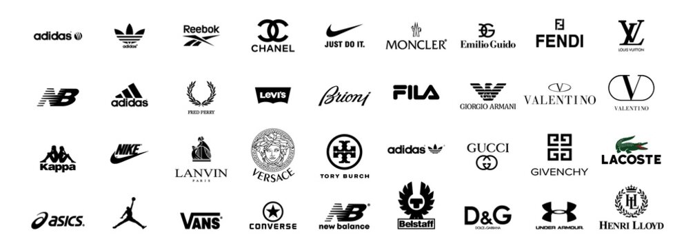 Top clothing brands logos. Set of most popular logo -adidas, new balance, Kappa, asics, Reebok, NIKE, Vans, converse, puma, levis, Lacoste, GUCCI, fila. Vector. Zaporizhzhia, Ukraine - May 25, 2021