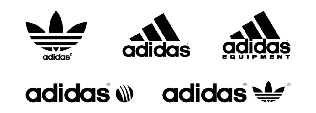 Set of logos adidas. Adidas original. Sportwear brands. Logos of sports equipment and sportswear company. Vector, icon. Zaporizhzhia, Ukraine - May 25, 2021