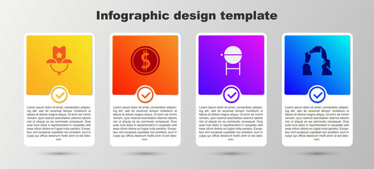 Set Western cowboy hat, Coin money with dollar, Barbecue grill and Grand canyon. Business infographic template. Vector