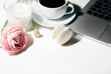 peonies flowers with macaroons on white background, top view