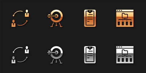 Set Human resources, Target with arrow, Clipboard checklist and Browser files icon. Vector
