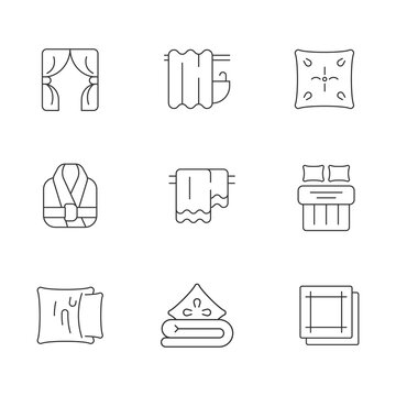 Home textile products linear icons set. Window blinds. Shower curtains. Pillow case. Bath robe. Customizable thin line contour symbols. Isolated vector outline illustrations. Editable stroke
