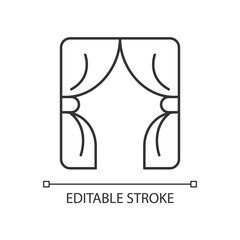 Curtains linear icon. Window blinds. Open drapes for theater stage. Textile products. Thin line customizable illustration. Contour symbol. Vector isolated outline drawing. Editable stroke