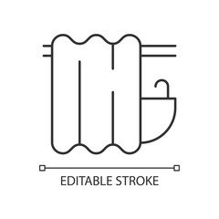 Bath curtain linear icon. Bathroom drapes. Shower drapery. Textile products, household cloths. Thin line customizable illustration. Contour symbol. Vector isolated outline drawing. Editable stroke