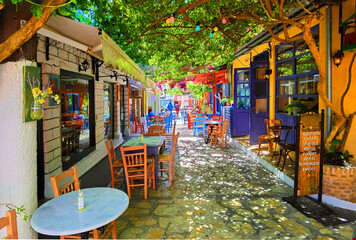 preveza city buildings  alleys taverns in the city in summer noon, greece