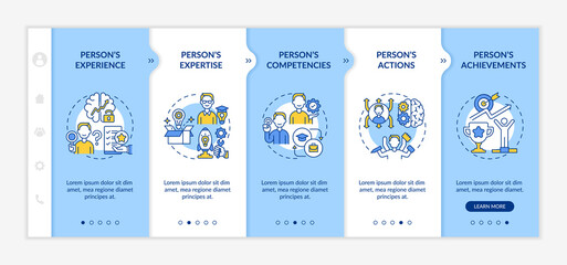 Personal brand components onboarding vector template. Responsive mobile website with icons. Web page walkthrough 5 step screens. Influence goals color concept with linear illustrations